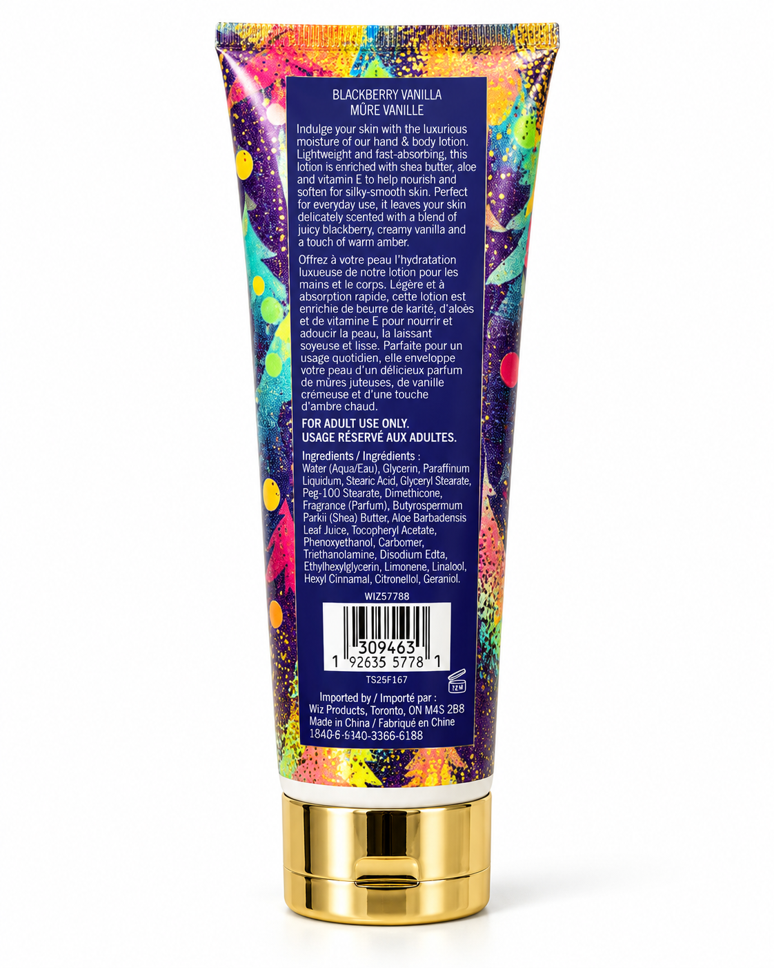 Back of the Blackberry Vanilla lotion tube showing scent details, shea butter, aloe and vitamin E information, adult-use statement, and ingredients
