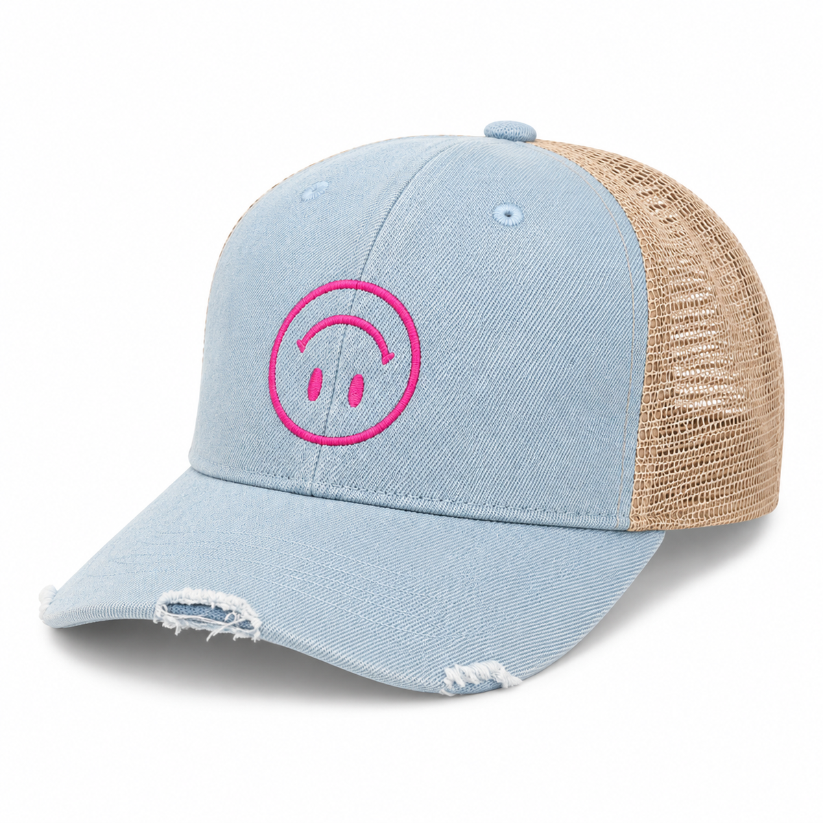 Light blue distressed Pink Smiley trucker hat with tan mesh back, angled side view
