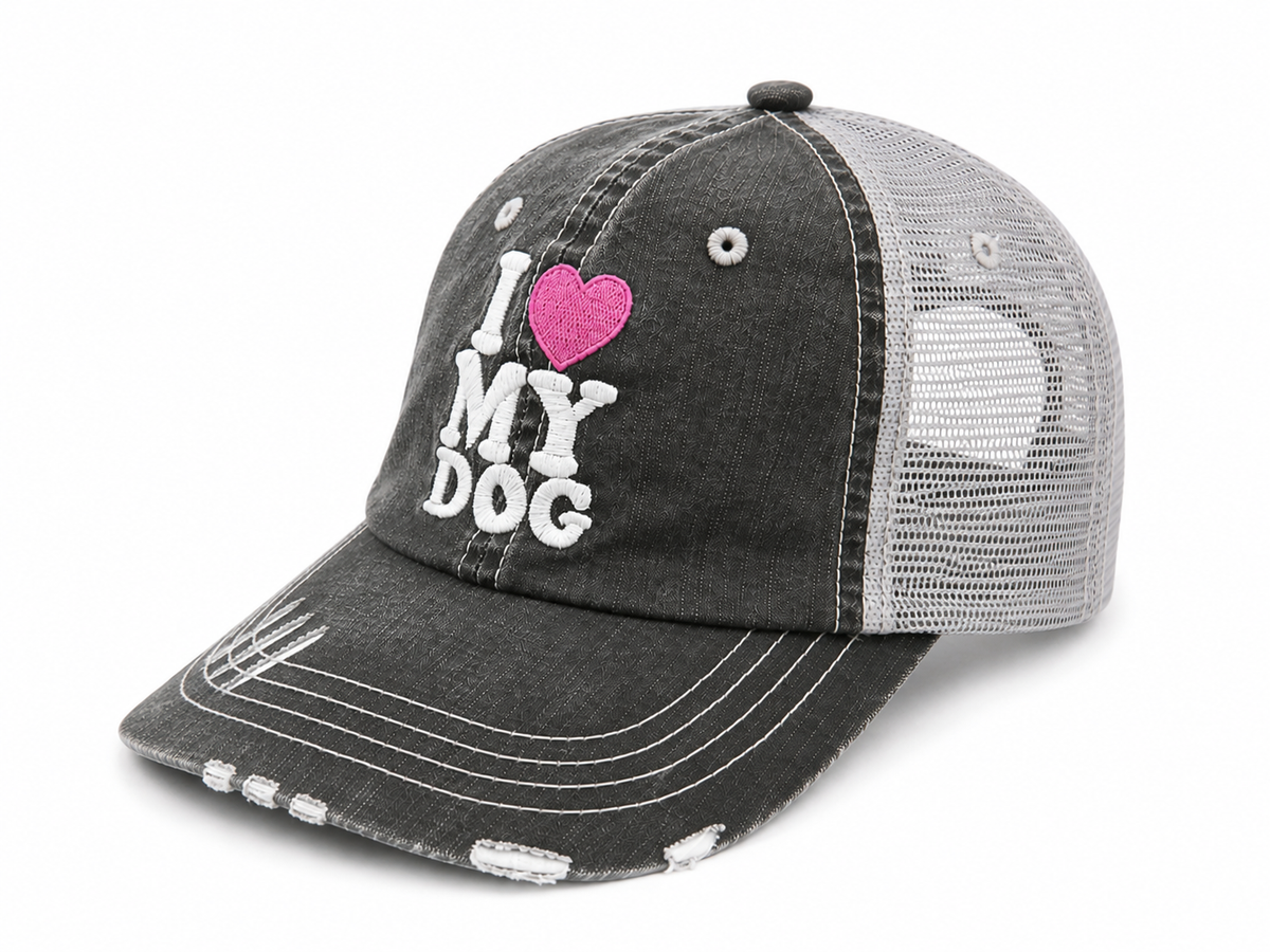 I Love My Dog distressed charcoal trucker hat with gray mesh back, angled side view
