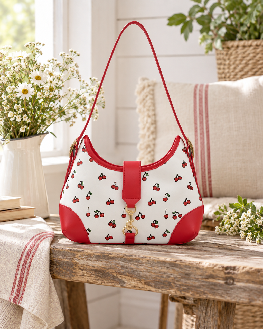 Cherry Pattern Hamptons Hobo Bag on rustic wood plank bench showing cream canvas with allover red cherry print, red faux leather trim and corner accents, gold horsebit clasp, and single red shoulder strap beside white daisy arrangement in white ceramic vase, stacked books, red stripe linen throw, and cream macrame pillow on white shiplap background
