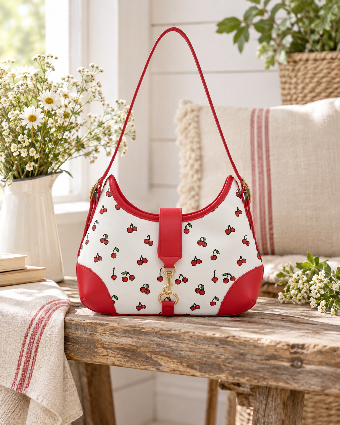 Cherry Pattern Hamptons Hobo Bag on rustic wood plank bench showing cream canvas with allover red cherry print, red faux leather trim and corner accents, gold horsebit clasp, and single red shoulder strap beside white daisy arrangement in white ceramic vase, stacked books, red stripe linen throw, and cream macrame pillow on white shiplap background
