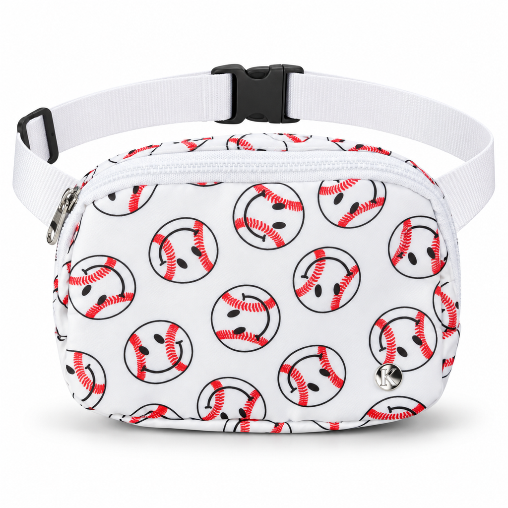 Baseball Smiley Belt Bag front view showing white nylon with allover baseball smiley face print in red and black, top zipper closure with silver pull, silver Katydid K logo rivet, and adjustable white webbing strap with black side-release buckle on white background
