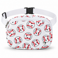 Baseball Smiley Belt Bag front view showing white nylon with allover baseball smiley face print in red and black, top zipper closure with silver pull, silver Katydid K logo rivet, and adjustable white webbing strap with black side-release buckle on white background
