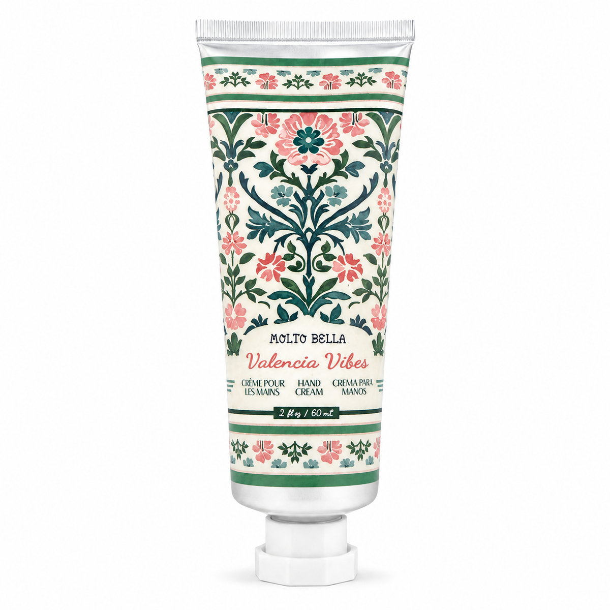 Molto Bella Valencia Vibes hand cream 2 oz tube with pink, green, and cream floral packaging