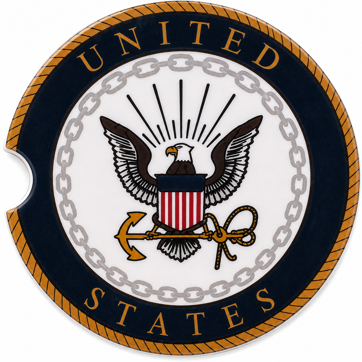 Close-up of United States Navy ceramic car coaster with official U.S. Navy seal — bald eagle, gold anchor, chain border, and United States text on navy blue and gold
