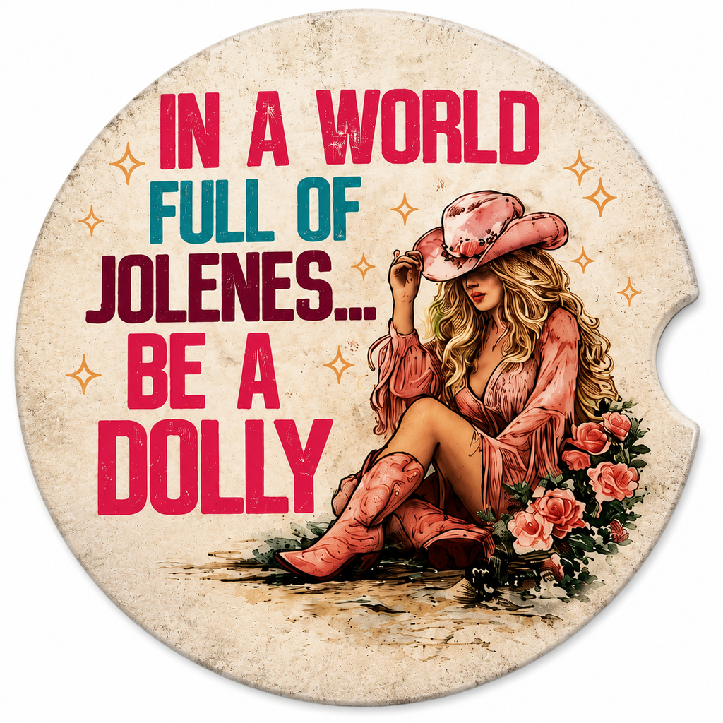 Close-up of In a World Full of Jolenes Be a Dolly ceramic car coaster — retro cowgirl in pink cowboy hat and boots surrounded by roses, bold pink and teal lettering on cream
