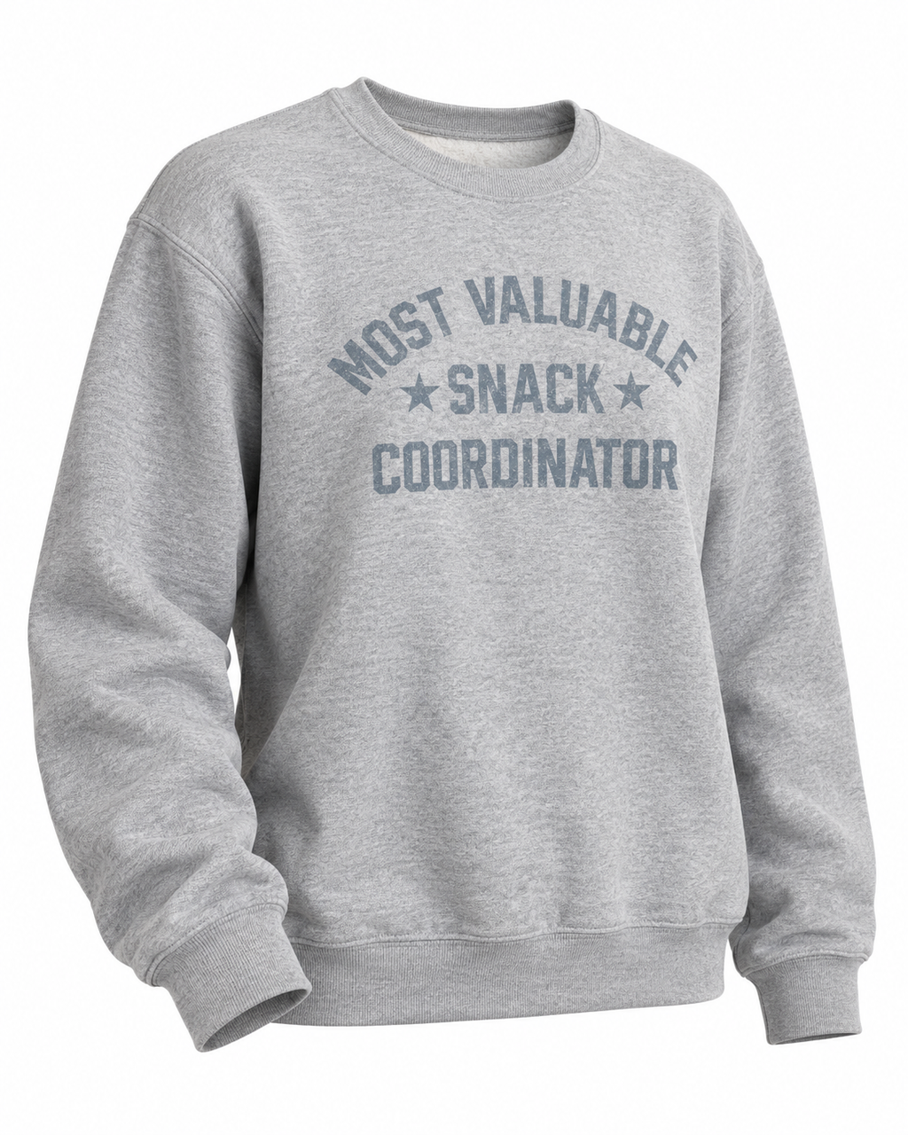 Angled front view of the Snack Coordinator sweatshirt showing its long sleeves and ribbed cuffs and hem
