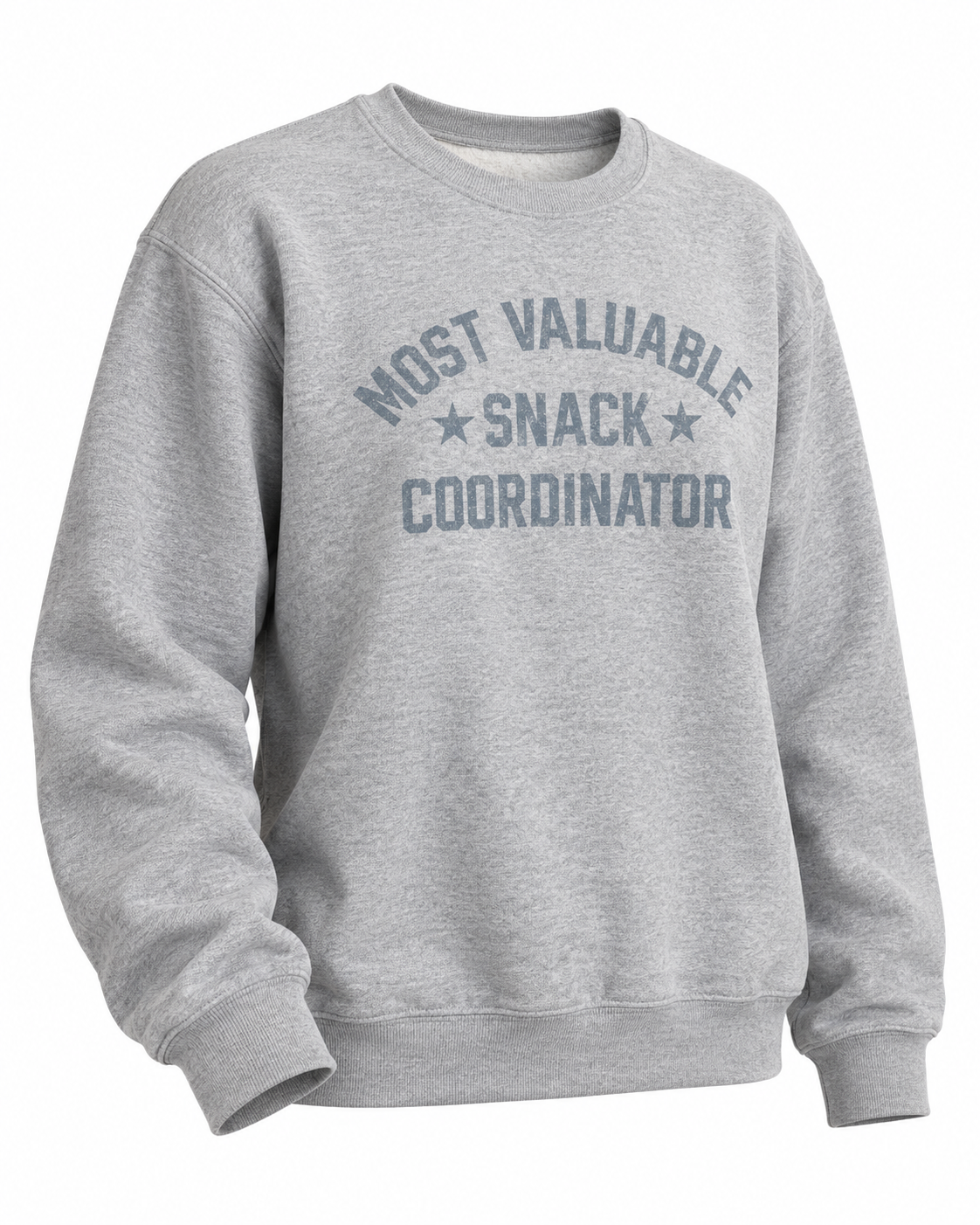 Angled front view of the Snack Coordinator sweatshirt showing its long sleeves and ribbed cuffs and hem
