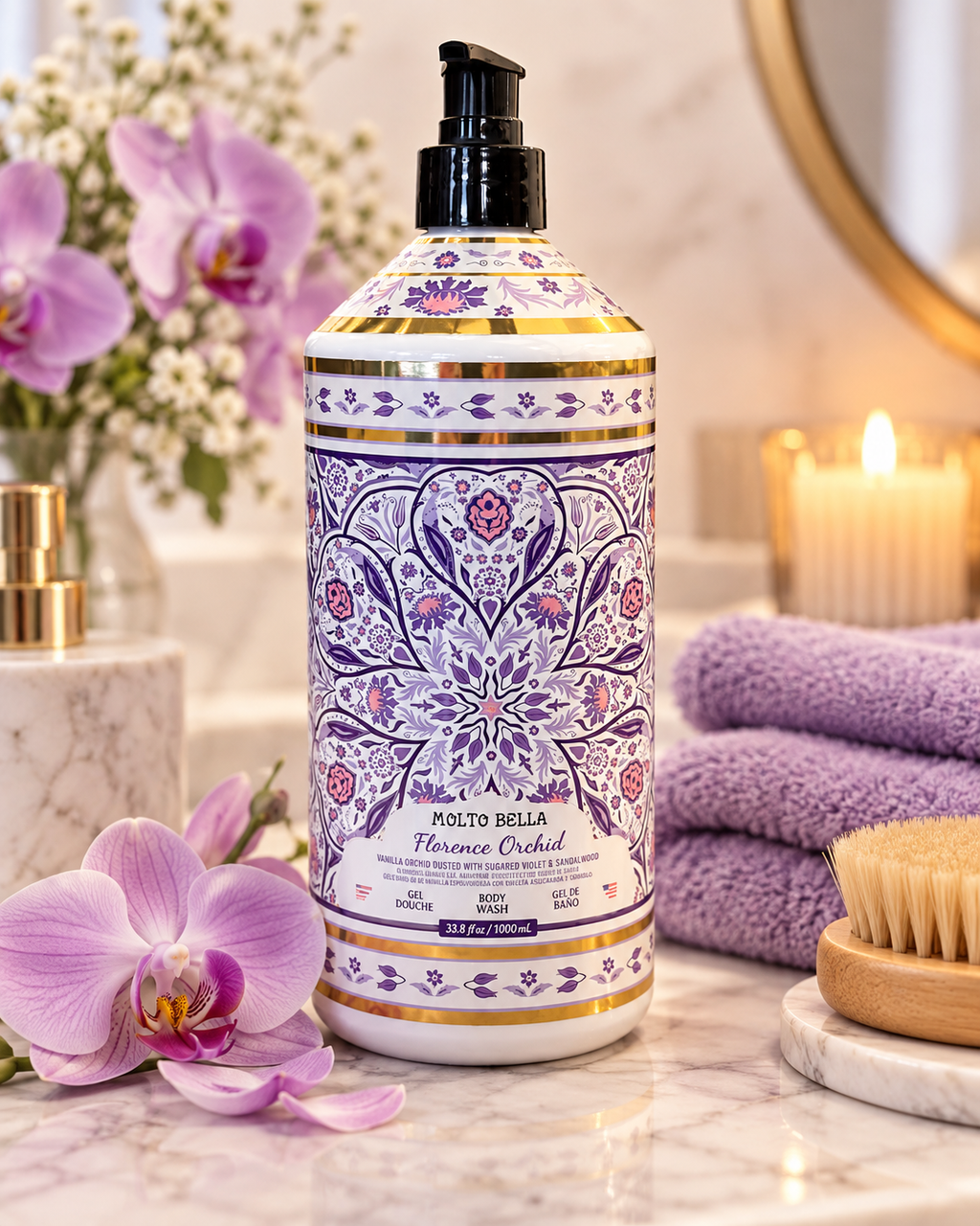 Molto Bella Florence Orchid body wash in a purple floral pump bottle styled with orchids, purple towels, candles, and a bath brush
