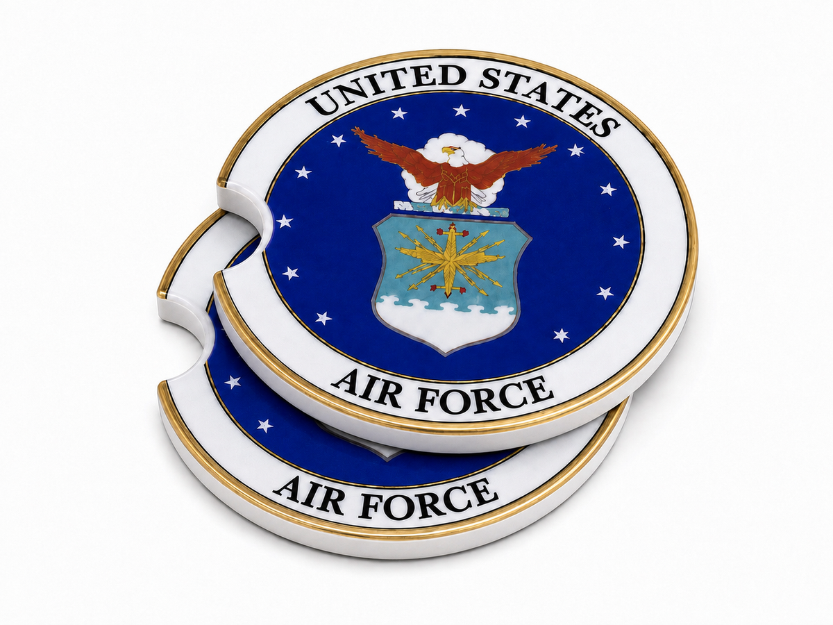 United States Air Force ceramic car coasters stacked showing thickness and finger notch cutout, official USAF eagle and shield seal on navy blue, set of 2
