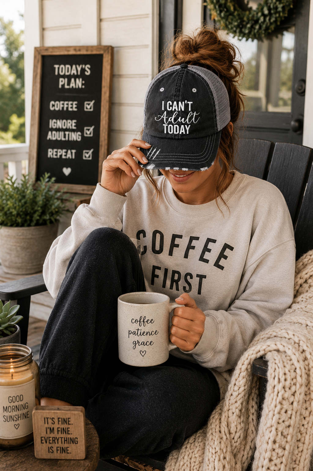 A woman sitting on a porch chair wearing a black and gray trucker hat with the text 'I CAN'T Adult TODAY' and a cream sweatshirt that says 'COFFEE FIRST'. She is holding a cream mug that says 'coffee patience grace'.