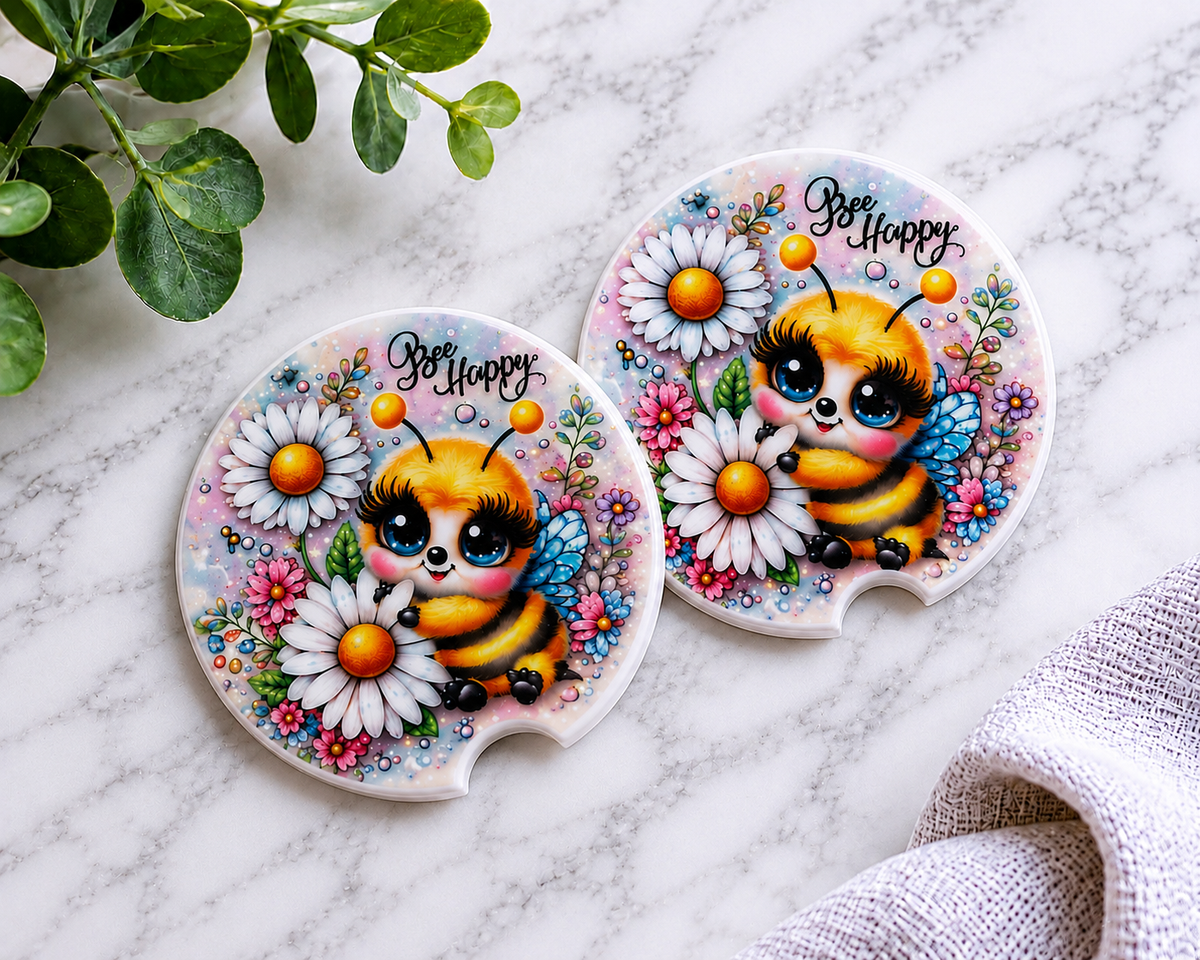 Bee Happy Car Coaster Set — set of 2 ceramic car coasters with cute bee and daisy floral design on marble background
