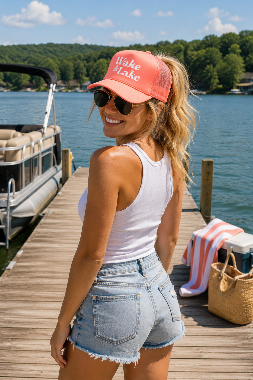A woman on a wooden dock by the water wears a coral-orange trucker hat with "Wake & Lake" printed in white, a white tank top, and denim shorts. A boat, lake, and trees are visible in the background.
