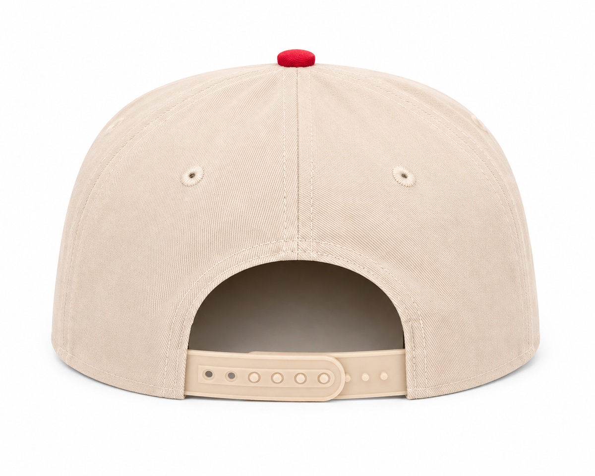 Back view of Put It On My Ex-Girlfriend's Tab Baseball Cap showing cream solid back panels and adjustable snapback closure, on a white background.
