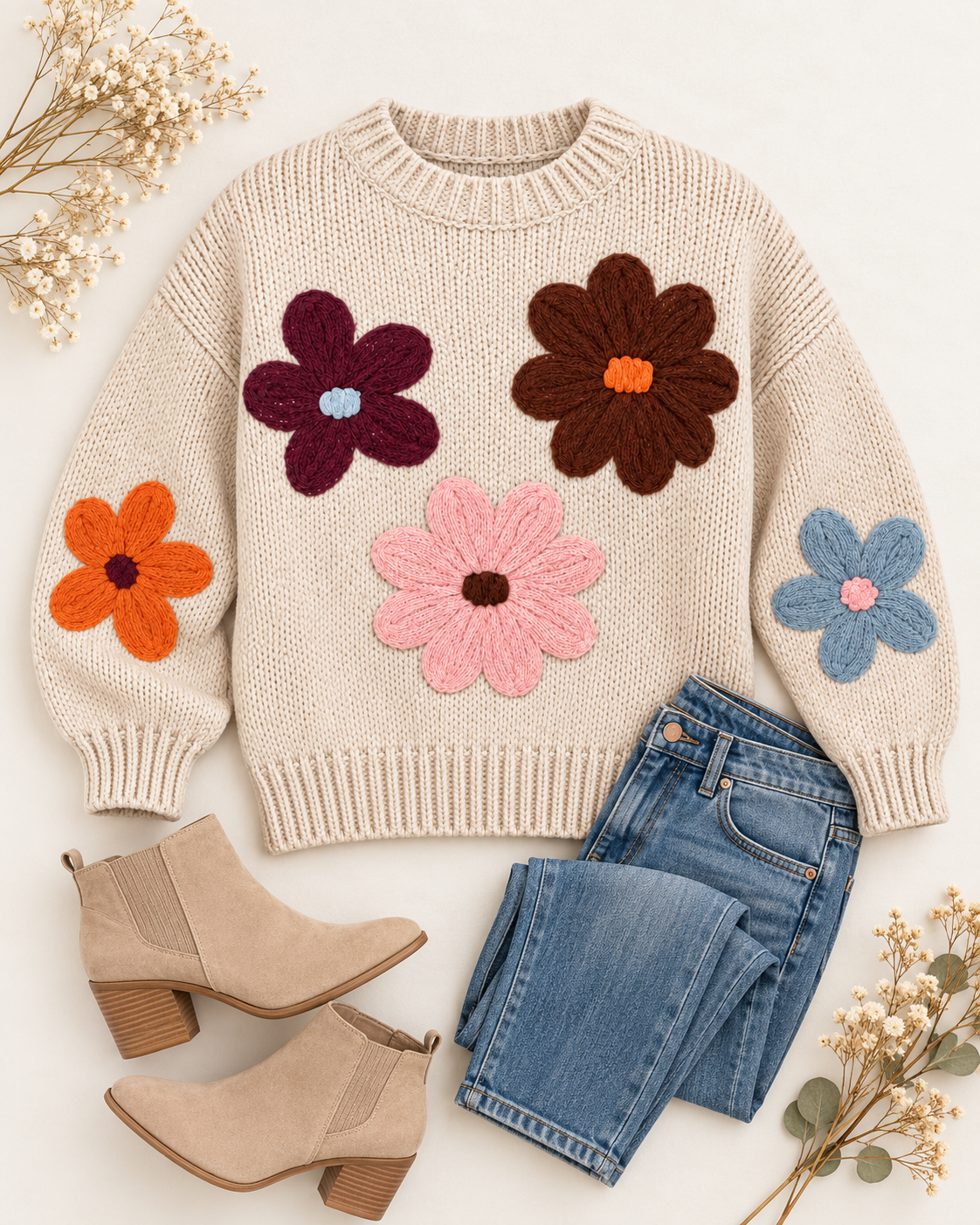 Tan floral knit sweater laid flat beside blue jeans and tan ankle boots, showing colorful flowers across the front and sleeves
