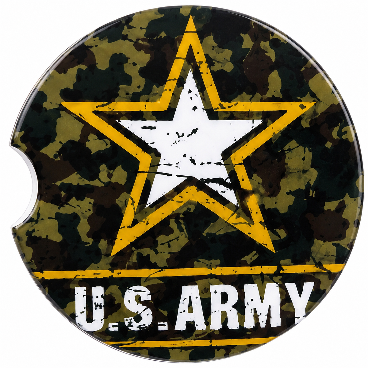 Close-up of United States Army ceramic car coaster with distressed gold star emblem and U.S. Army text on camouflage background, white background
