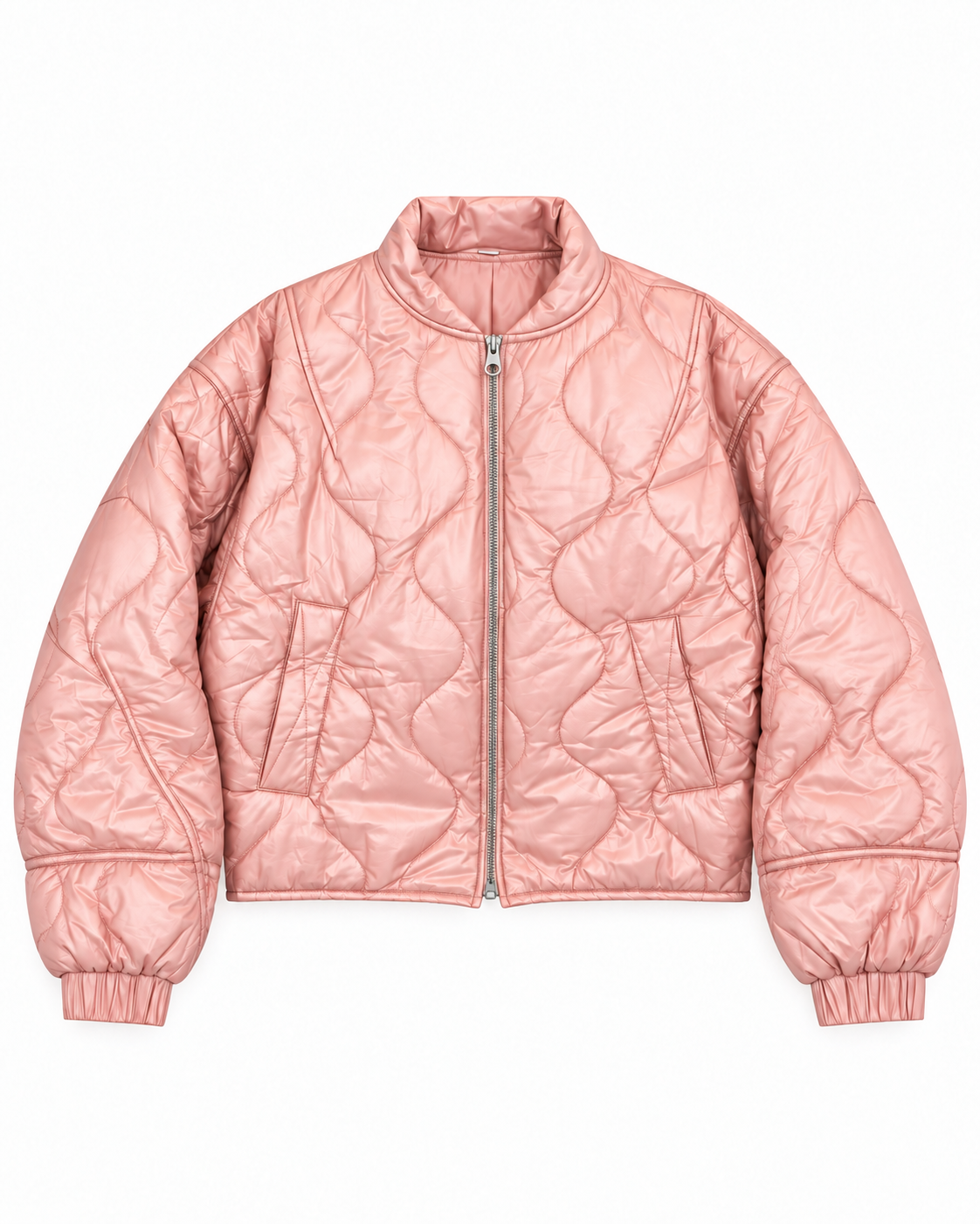 Front view of the blush pink jacket with curved wave quilting, a full zipper, two open side pockets, and elastic cuffs
