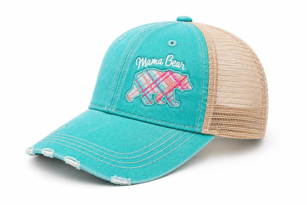 Mama Bear distressed aqua trucker hat with plaid bear design and tan mesh back, angled side view
