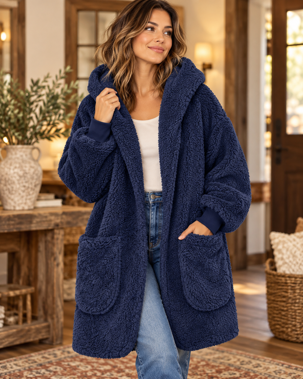 Model wearing a navy sherpa hooded body wrap cardigan with an open front and long sleeves
