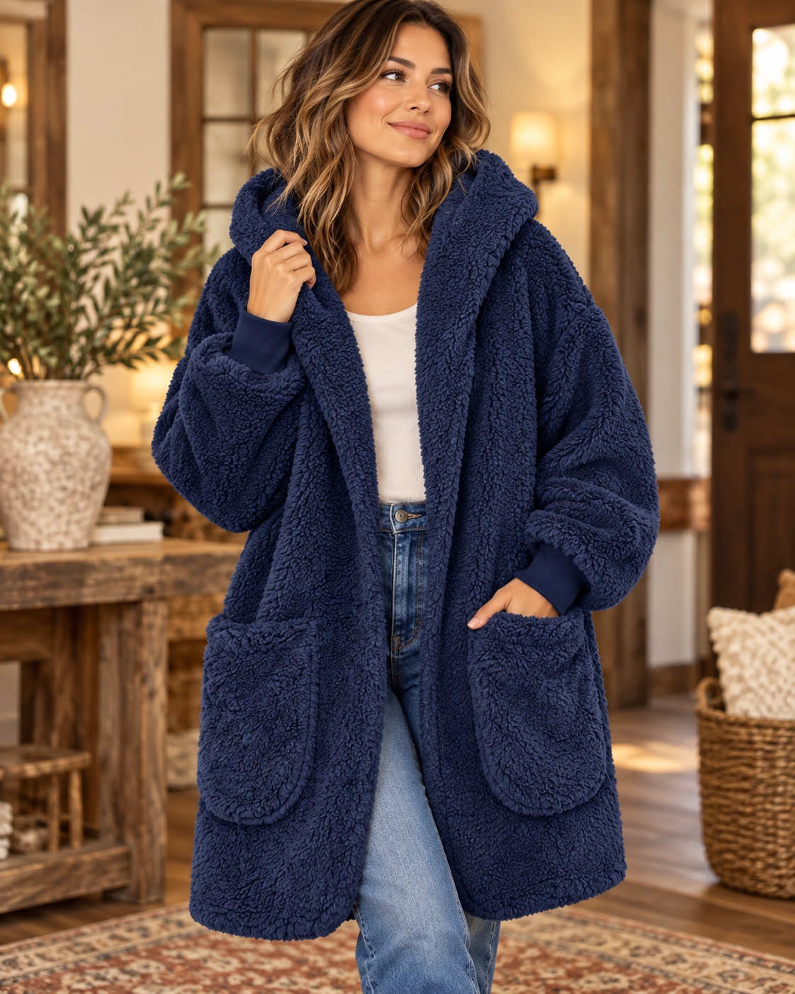 Model wearing a navy sherpa hooded body wrap cardigan with an open front and long sleeves
