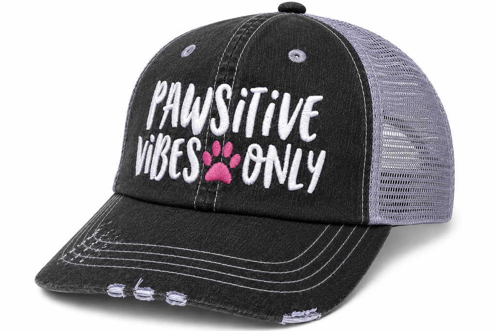 Side view of Pawsitive Vibes Only trucker hat in distressed black with gray mesh back and embroidered lettering, shown on a white background.
