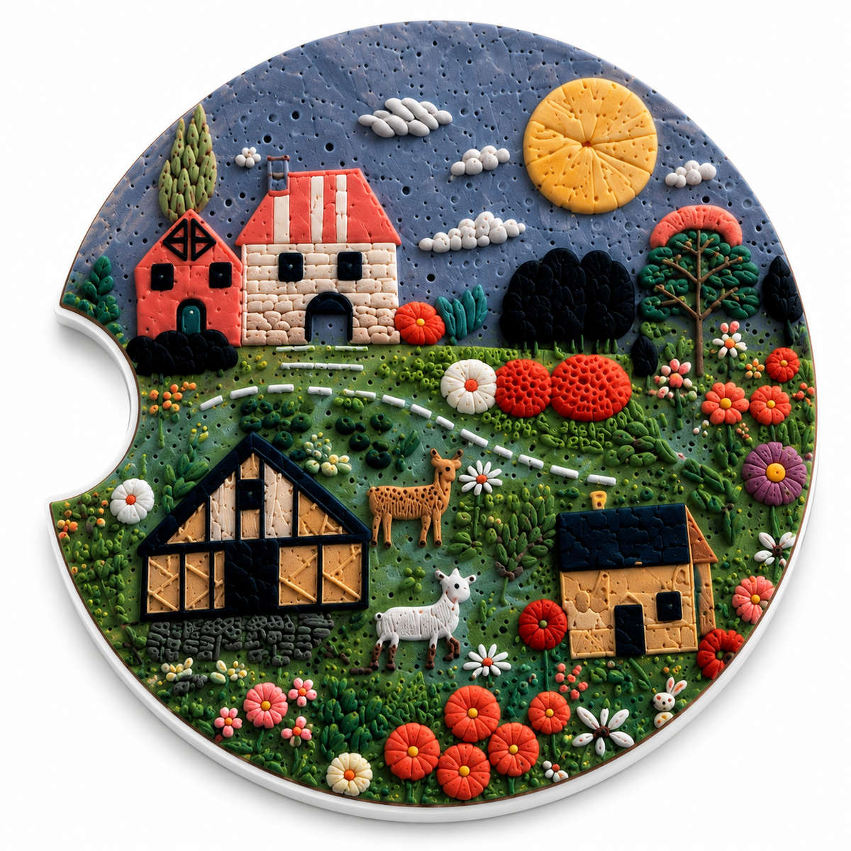 Close-up of Folk Art Farm Village ceramic car coaster with sculpted folk art scene — farmhouses, barn, goats, rabbit, wildflowers, and yellow sun on slate blue background
