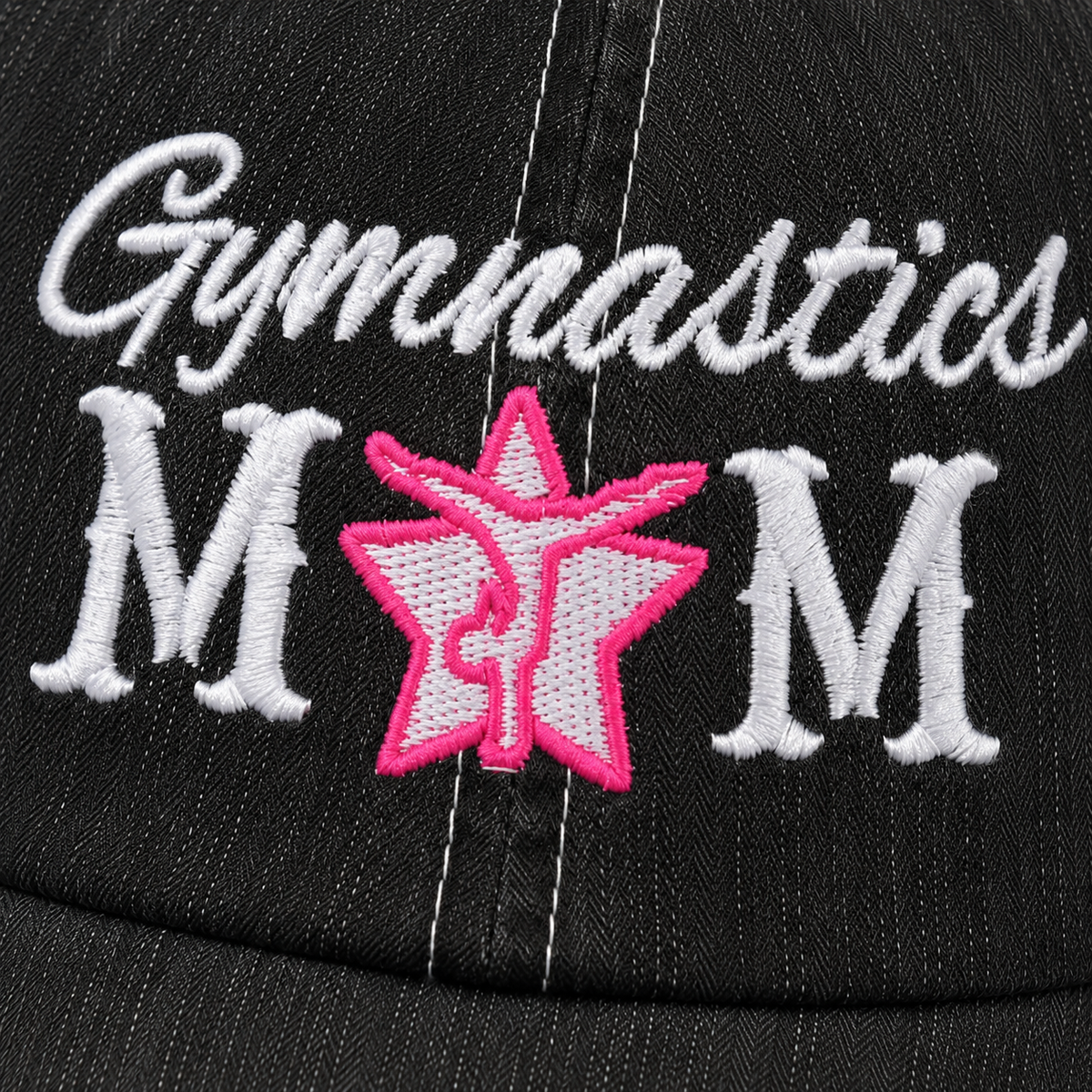  Close-up of Gymnastics Mom Trucker Hat embroidery with white lettering and pink gymnast star design