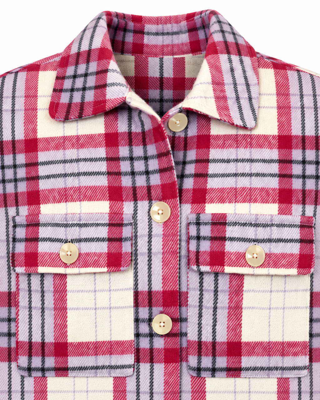 Close-up of the shirt collar, cream buttons, and button-flap chest pockets on the raspberry, cream, gray, and black plaid shacket
