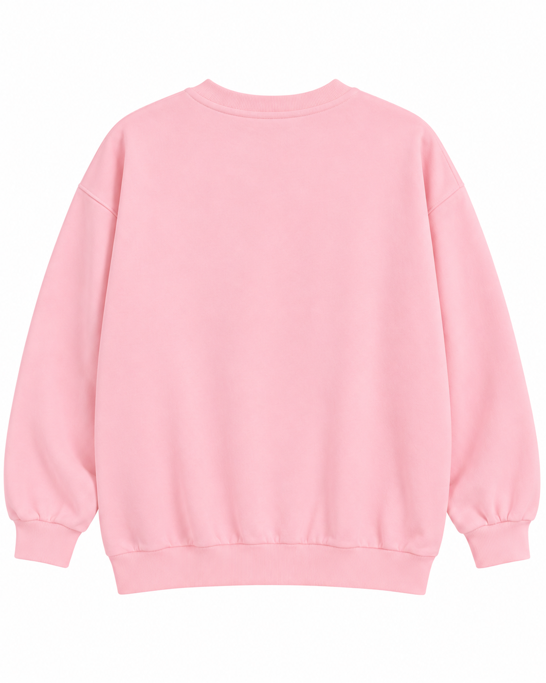 Plain back of the light pink crewneck sweatshirt showing long sleeves and ribbed cuffs and hem
