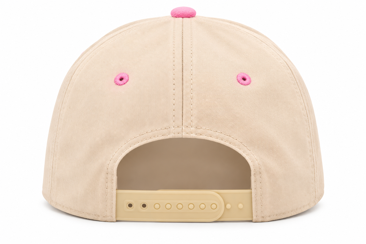 Back view of Plant Lady Baseball Cap showing cream solid back panels with pink eyelets and adjustable snapback closure, on a white background.

