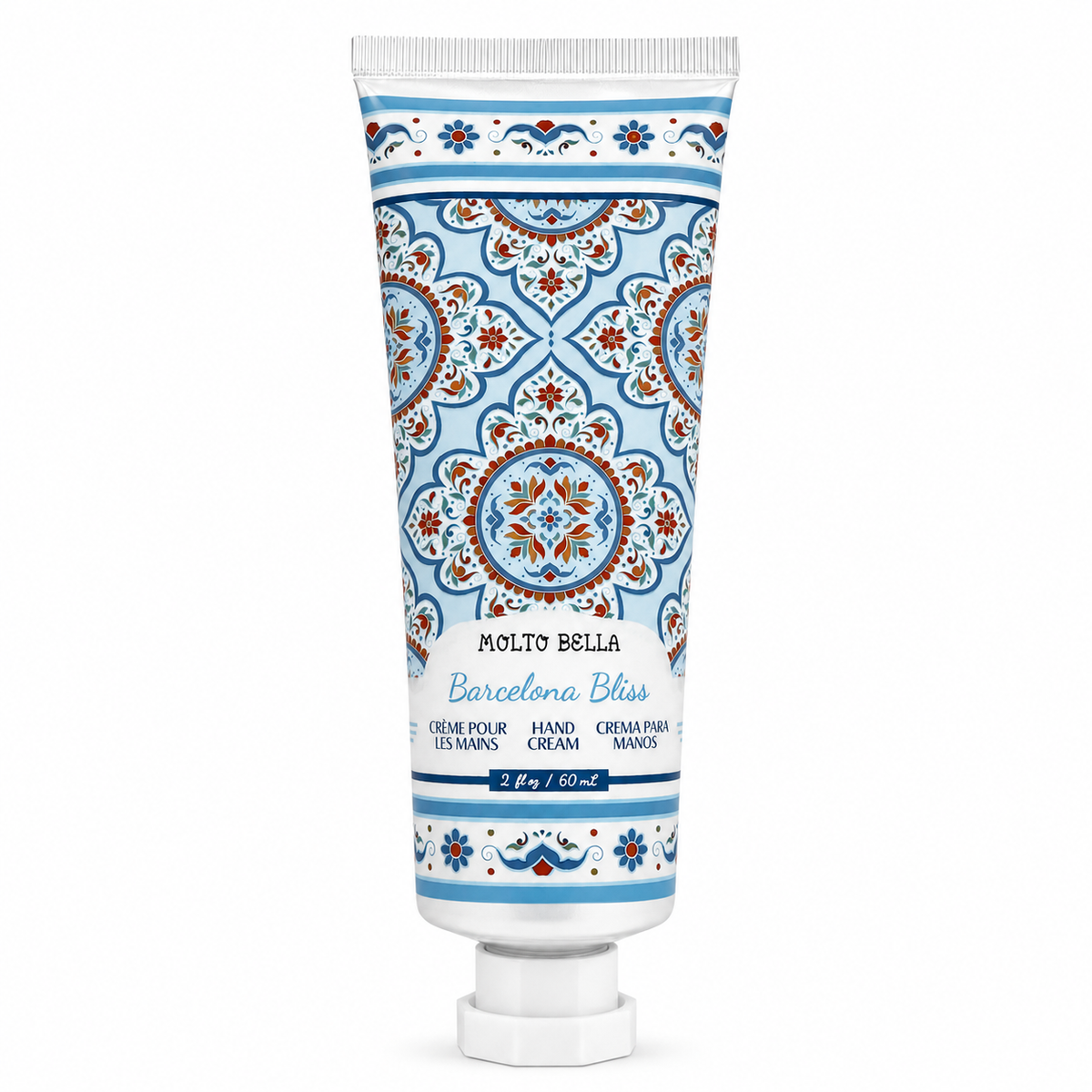 Molto Bella Barcelona Bliss hand cream 2 oz tube with blue and cream tile-inspired packaging