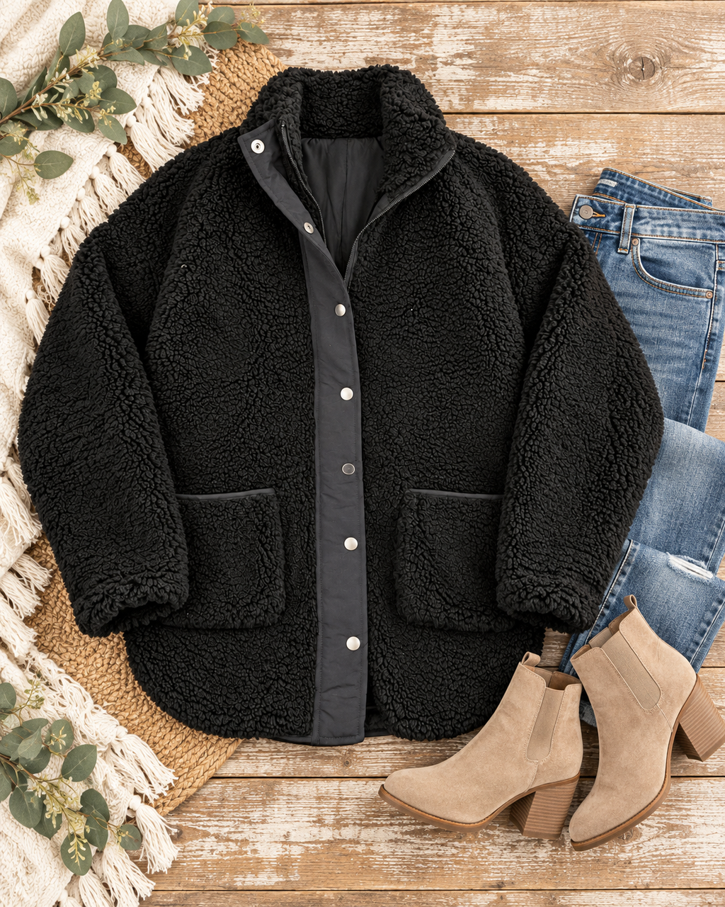Black sherpa teddy jacket styled with jeans, tan ankle boots, a fringed throw, and greenery on rustic wood
