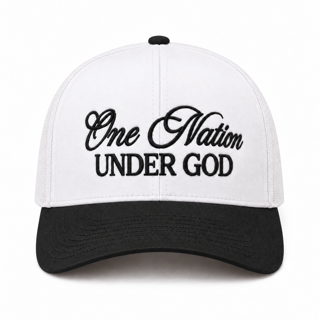 One Nation Under God Baseball Cap in Black front view showing white structured cotton crown with black embroidered script reading One Nation Under God in cursive and block lettering, black bill, and black top button on white background
