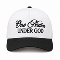 One Nation Under God Baseball Cap in Black front view showing white structured cotton crown with black embroidered script reading One Nation Under God in cursive and block lettering, black bill, and black top button on white background
