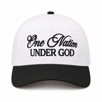 One Nation Under God Baseball Cap in Black front view showing white structured cotton crown with black embroidered script reading One Nation Under God in cursive and block lettering, black bill, and black top button on white background
