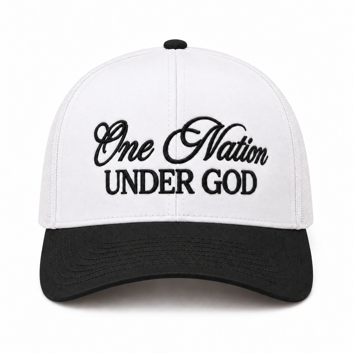 One Nation Under God Baseball Cap in Black front view showing white structured cotton crown with black embroidered script reading One Nation Under God in cursive and block lettering, black bill, and black top button on white background
