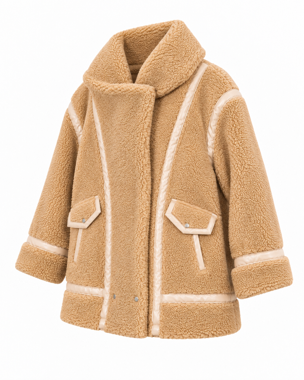 Angled front view showing the tan sherpa texture, contrast trim, and front pockets
