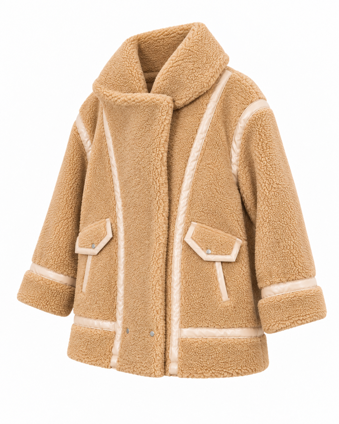 Angled front view showing the tan sherpa texture, contrast trim, and front pockets
