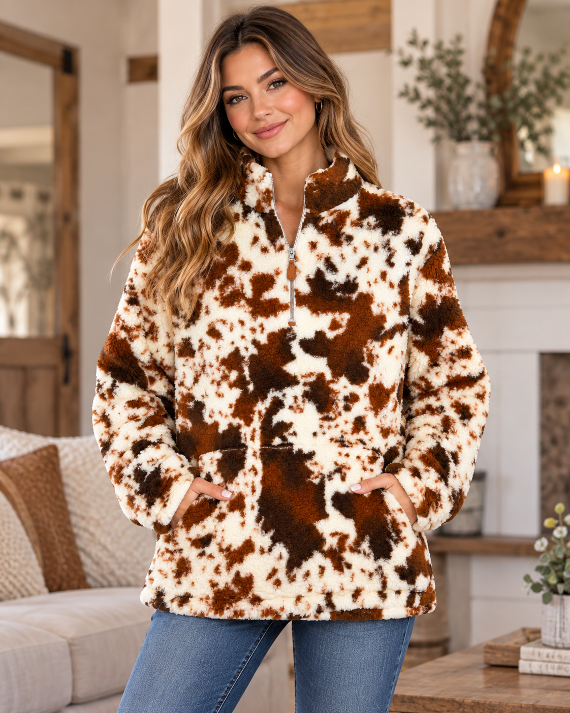 Model wearing the brown and ivory cow print sherpa quarter-zip pullover with hands in the front kangaroo-style pocket and jeans
