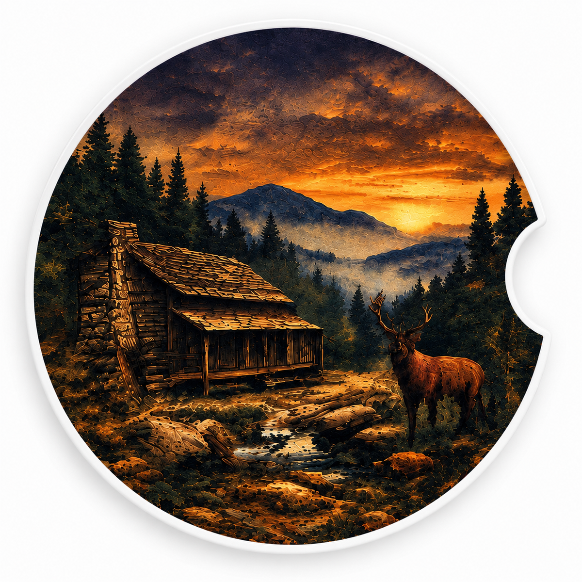 Close-up of Mountain Cabin Sunset ceramic car coaster with rustic log cabin, deer, and mountain sunset on white background
