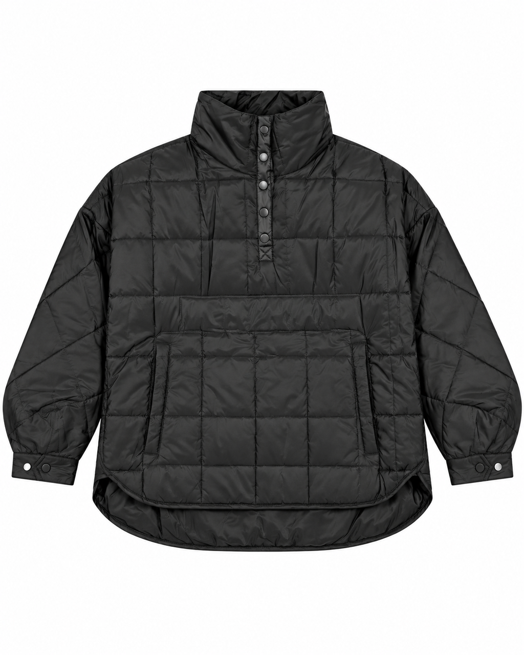 Black Quilted Puffer Pullover Jacket front view showing large-grid black quilted puffer body, tall stand-up collar, five gunmetal snap buttons on quarter placket, large front kangaroo pouch pocket, curved high-low hem, and snap-button cuffs on white background
