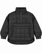 Black Quilted Puffer Pullover Jacket front view showing large-grid black quilted puffer body, tall stand-up collar, five gunmetal snap buttons on quarter placket, large front kangaroo pouch pocket, curved high-low hem, and snap-button cuffs on white background
