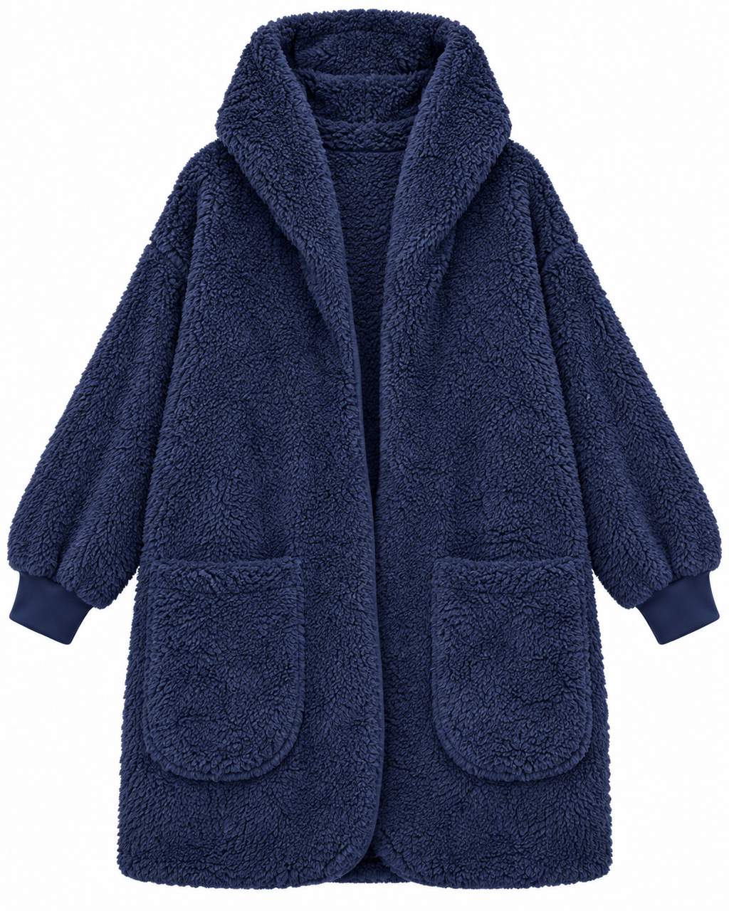 Front view of the navy sherpa hooded wrap cardigan showing its open front and two pockets
