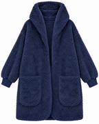 Front view of the navy sherpa hooded wrap cardigan showing its open front and two pockets
