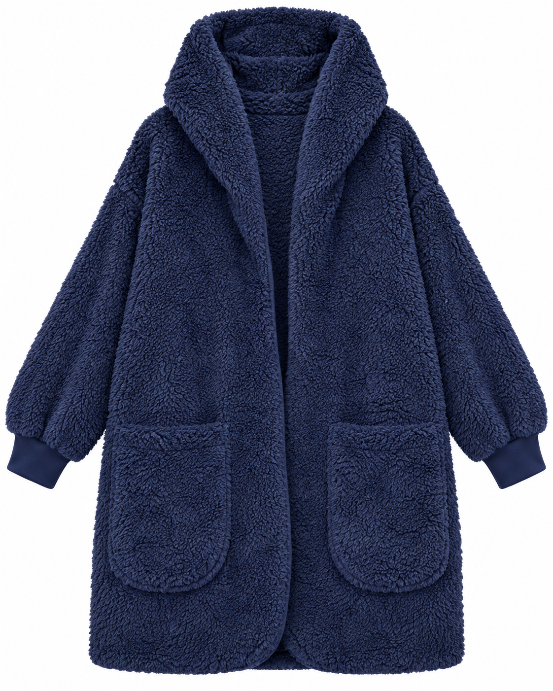 Front view of the navy sherpa hooded wrap cardigan showing its open front and two pockets
