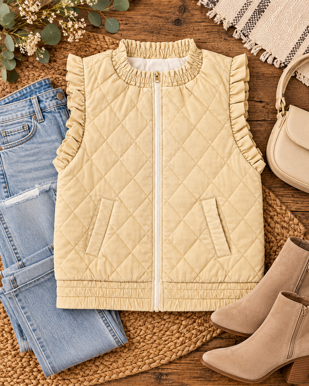 Beige quilted ruffle-trim vest styled on light-wash jeans
