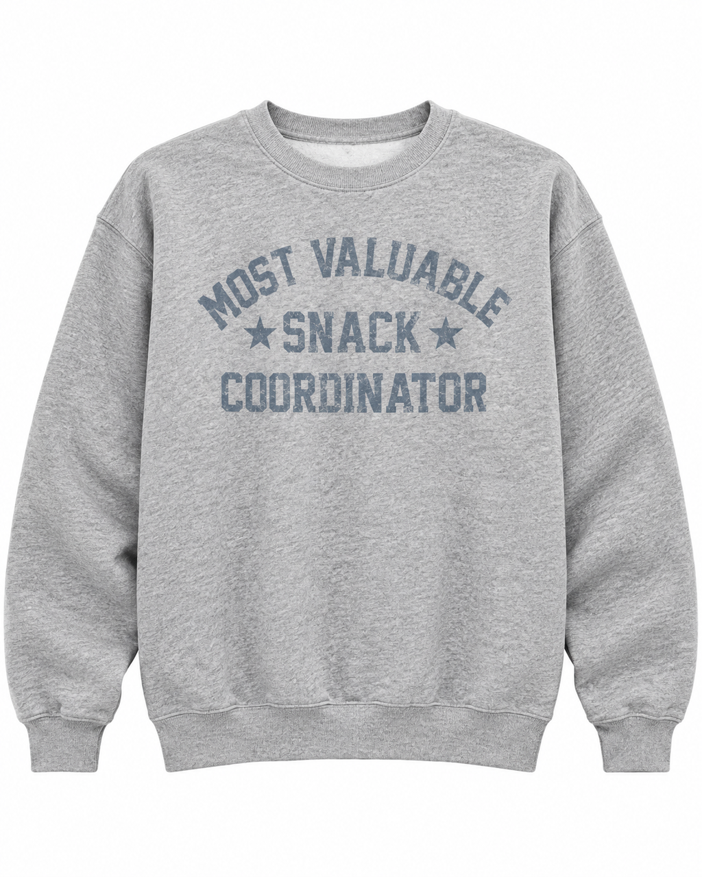 Front view of the heather gray Most Valuable Snack Coordinator sweatshirt with distressed lettering and star accents

