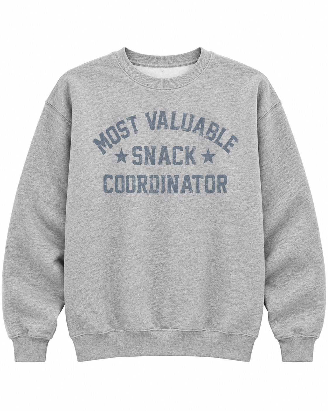 Front view of the heather gray Most Valuable Snack Coordinator sweatshirt with distressed lettering and star accents

