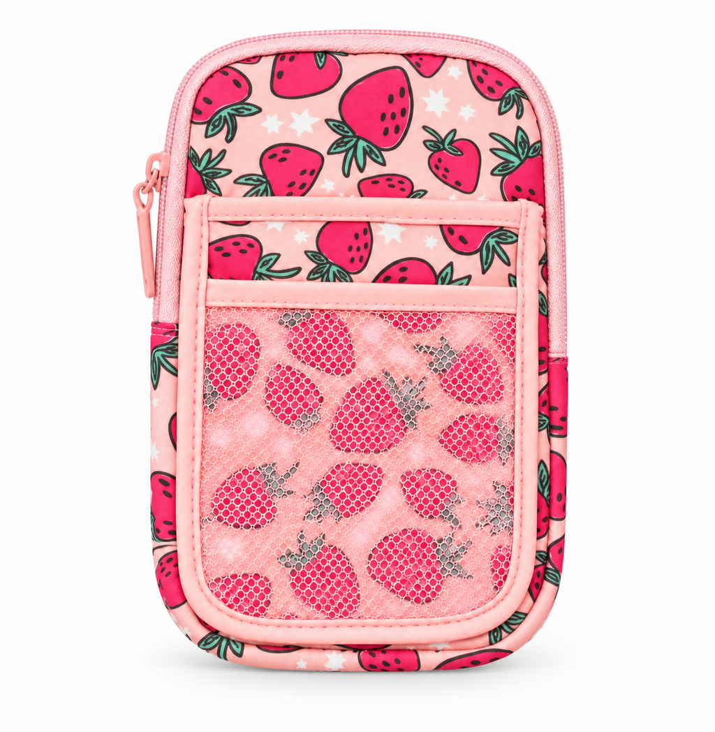Strawberry Tumbler Pouch front view with light pink all-over strawberry and white star print, pink top zipper closure with pink pull, and front pink mesh pocket on white background
