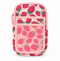 Strawberry Tumbler Pouch front view with light pink all-over strawberry and white star print, pink top zipper closure with pink pull, and front pink mesh pocket on white background
